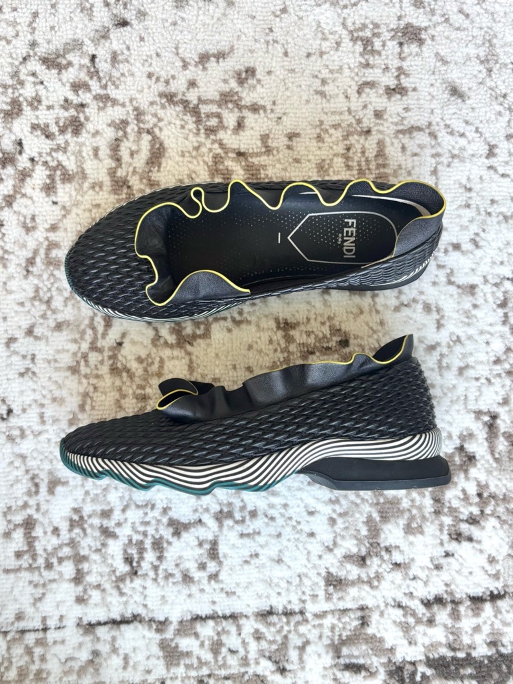 Fendi Ruffle Trim Nappa Leather Slip-On Sneakers - Black with Yellow Piping - Picture 3 of 10